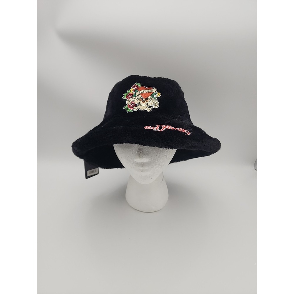NWT Ed Hardy Black Y2K‎ Style Faux Fur Embroidered Bucket Hat - Picture 2 of 13
